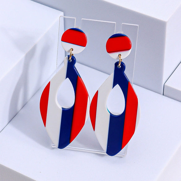 Red White And Blue Striped Acrylic Geometric Hoop Earrings Unisex Statement Jewelry