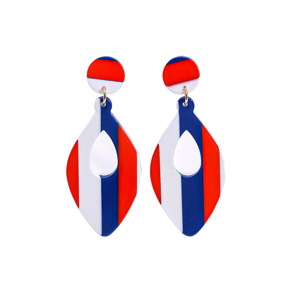 Red White And Blue Striped Geometric Acrylic Hoop Earrings In Round Or Oval Shapes Versatile Unisex Statement Jewelry