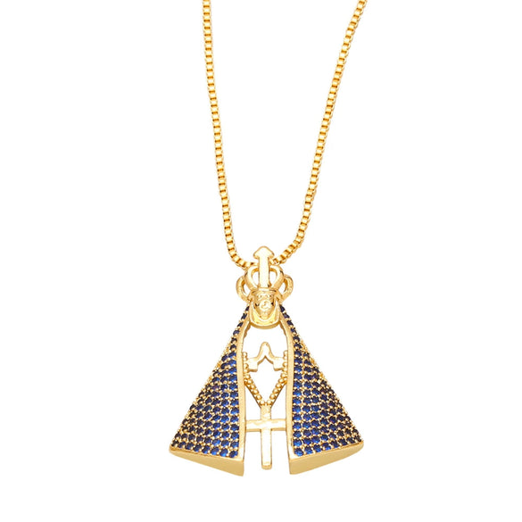 Religious Jewelry Copper Ochain Pendant Necklace With Mixed Gem Inlay Geometric Minimalist Style