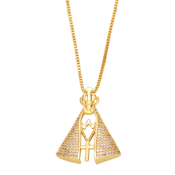 Religious Jewelry Copper Ochain Pendant Necklace With Mixed Gem Inlay Geometric Minimalist Style