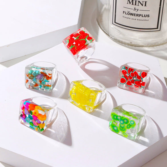 Resin Fruit Square Ring For Women