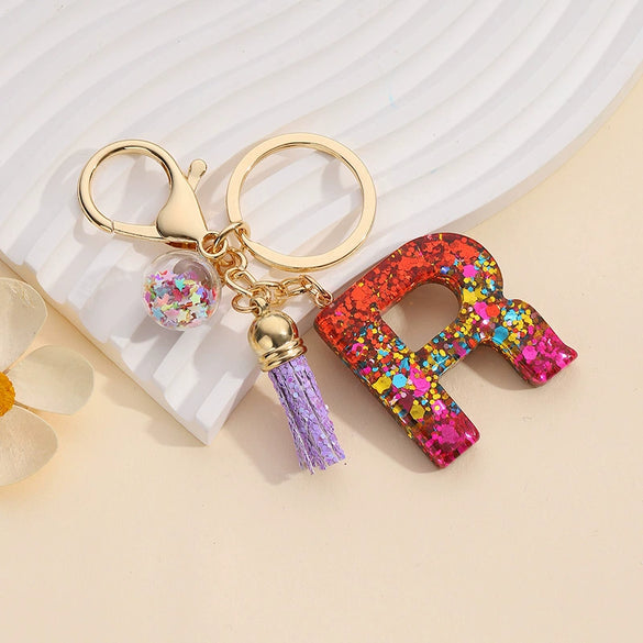 Resin Letter Keychain With Mixed Color Bright Film And Tassel Pendant Modern Art Style Fashionable Bag Pendant Accessories For Men And Women