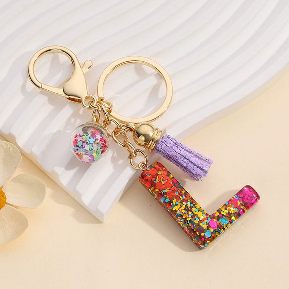 Resin Letter Keychain With Mixed Color Bright Film And Tassel Pendant Modern Art Style Fashionable Bag Pendant Accessories For Men And Women