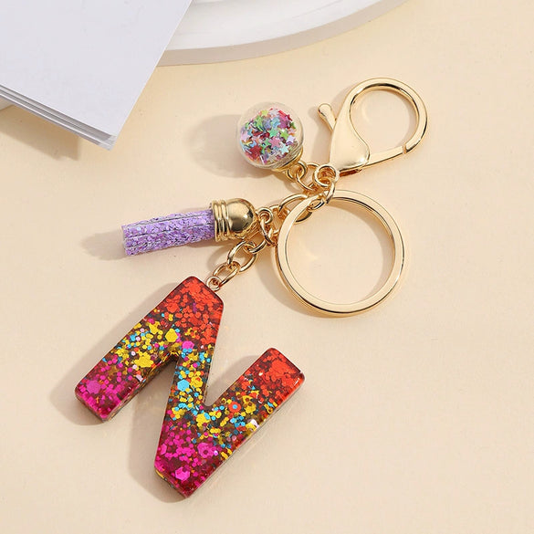 Resin Letter Keychain With Mixed Color Bright Film And Tassel Pendant Modern Art Style Fashionable Bag Pendant Accessories For Men And Women