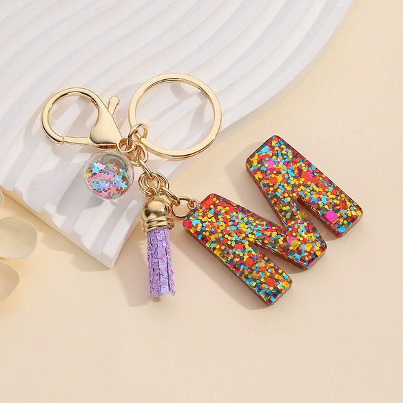 Resin Letter Keychain With Mixed Color Bright Film And Tassel Pendant Modern Art Style Fashionable Bag Pendant Accessories For Men And Women