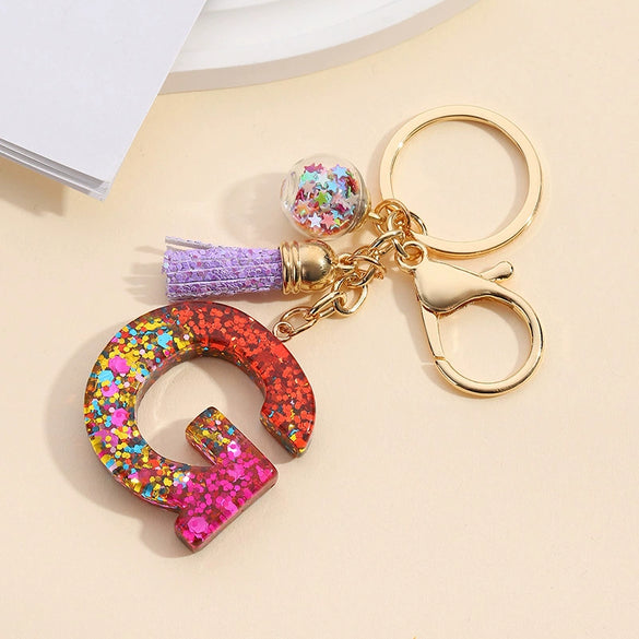 Resin Letter Keychain With Mixed Color Bright Film And Tassel Pendant Modern Art Style Fashionable Bag Pendant Accessories For Men And Women