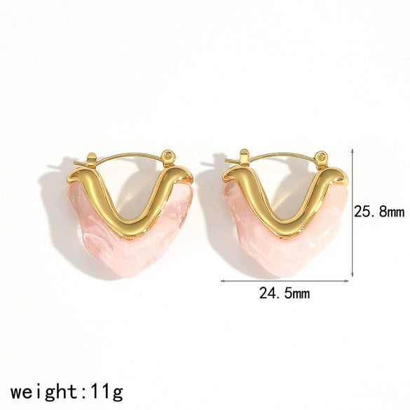 Resin Stainless Steel Heart Shaped Women's Earrings 18K Gold Plated