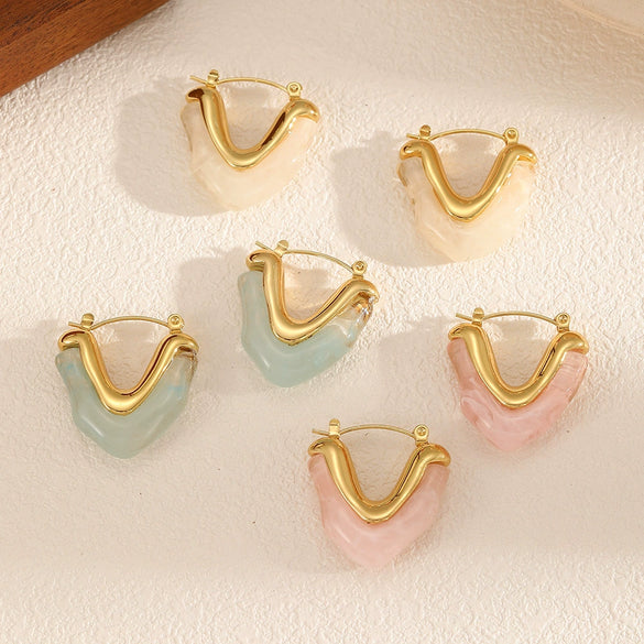 Resin Stainless Steel Heart Shaped Women's Earrings 18K Gold Plated