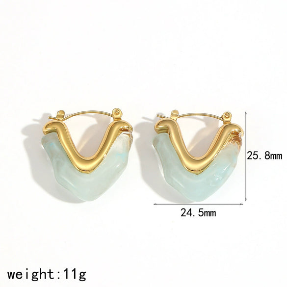 Resin Stainless Steel Heart Shaped Women's Earrings 18K Gold Plated