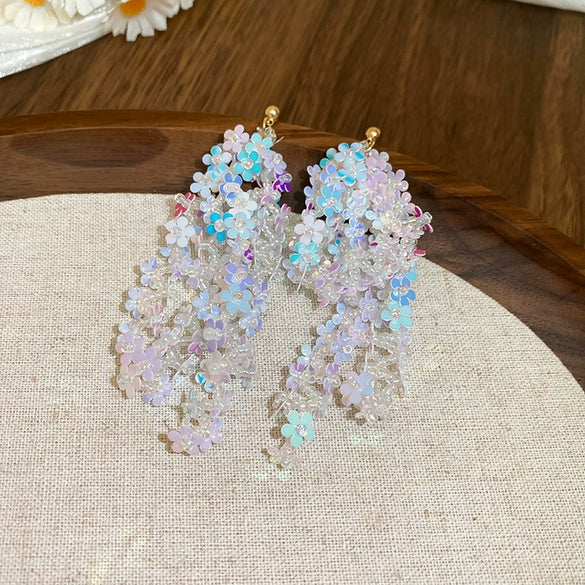 Resort Style Fabric Silver Needle Flower Geometric Handmade Tassel Earrings For Women