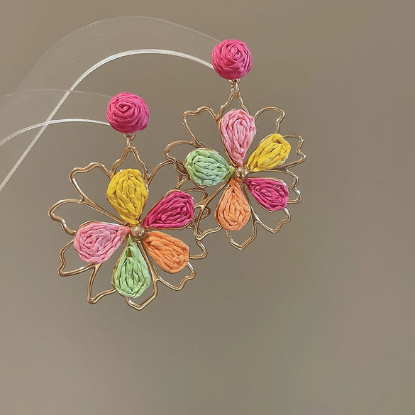 Resort Style Fabric Silver Needle Flower Geometric Handmade Tassel Earrings For Women