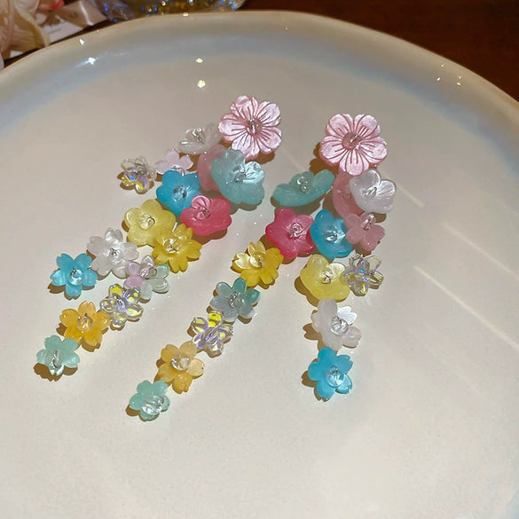Resort Style Fabric Silver Needle Flower Geometric Handmade Tassel Earrings For Women