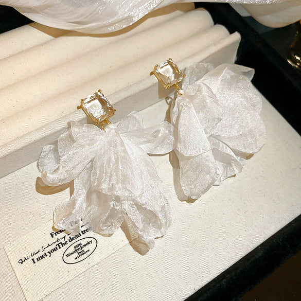 Resort Style Fabric Silver Needle Flower Geometric Handmade Tassel Earrings For Women