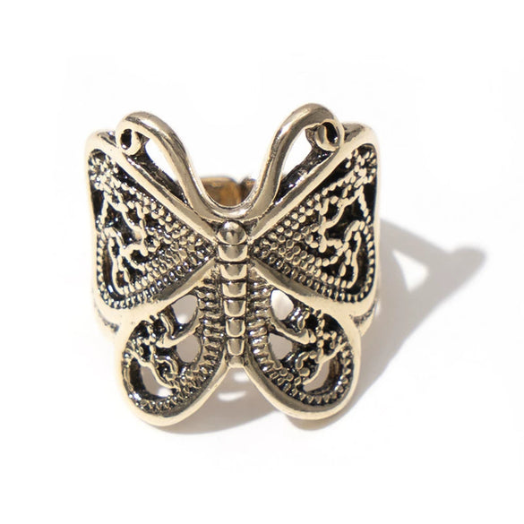 Retro Alloy Butterfly Opening Adjustable Animal Ring With Carved Design And Electroplating