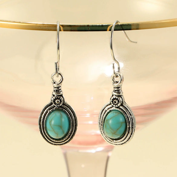 Retro Alloy Geometric Flower Turquoise Earrings With Electroplating