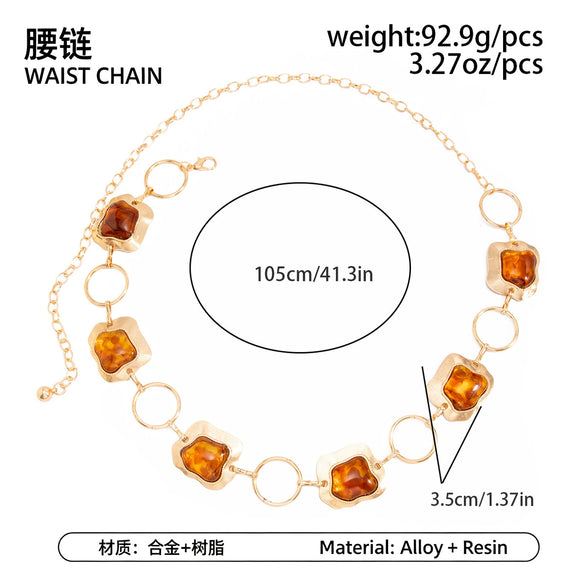 Retro Amber Resin Gemstone Patchwork Alloy Waist Body Chain With Irregular Metal Rings And Lobster Clasp
