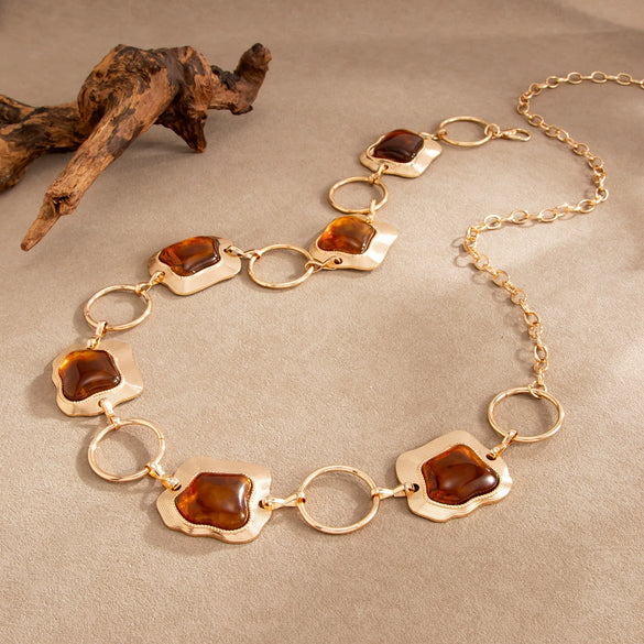 Retro Amber Resin Gemstone Patchwork Alloy Waist Body Chain With Irregular Metal Rings And Lobster Clasp