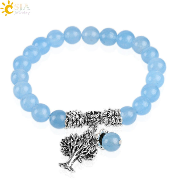 Retro Ancient Style Silver Plated Bracelet With Life Tree Design And Blue Semi Precious Stones And Crystal