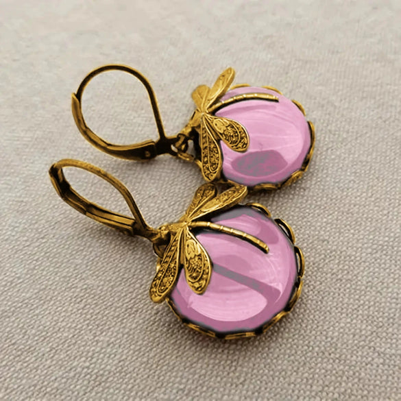 Retro Animal Geometric Copper Earrings For Women With Imitation Moonstone And Dragonfly Design
