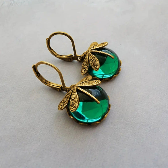 Retro Animal Geometric Copper Earrings For Women With Imitation Moonstone And Dragonfly Design