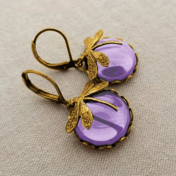 Retro Animal Geometric Copper Earrings For Women With Imitation Moonstone And Dragonfly Design