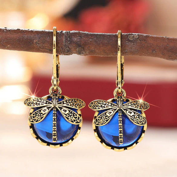 Retro Animal Geometric Copper Earrings For Women With Imitation Moonstone And Dragonfly Design