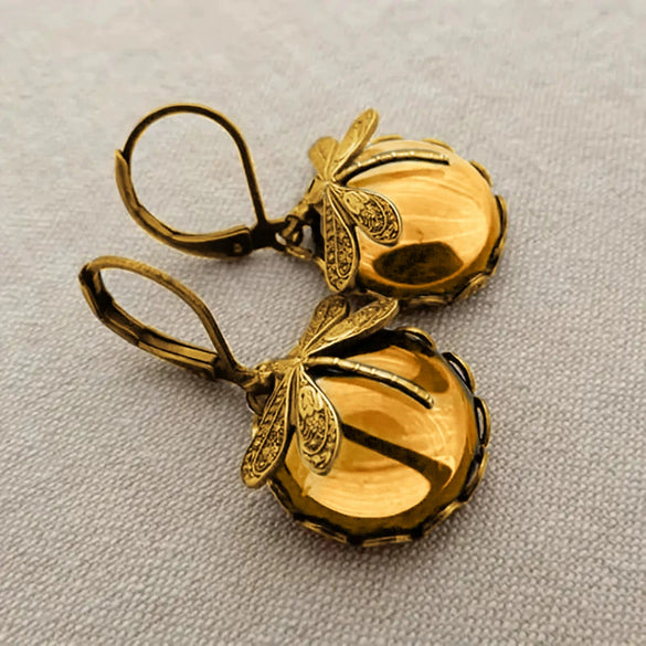 Retro Animal Geometric Copper Earrings For Women With Imitation Moonstone And Dragonfly Design
