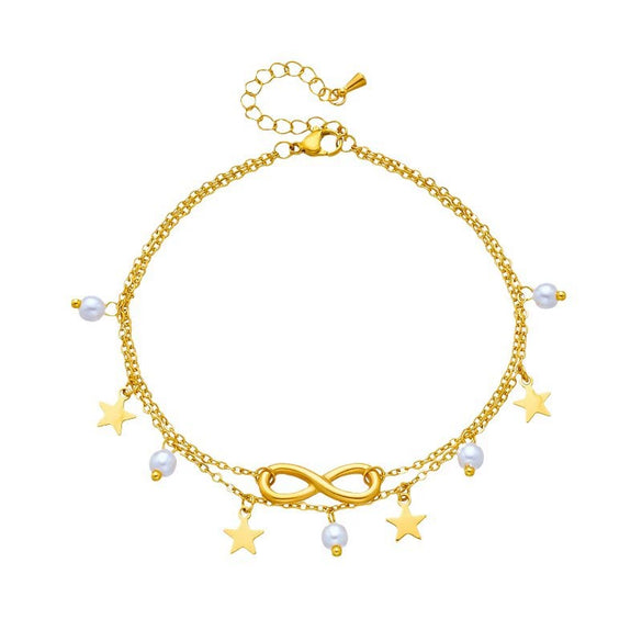 Retro Beach Style Multi Layer Stacked Tassel Geometric Five Pointed Star Pendant Titanium Steel Electroplated Metal Anklet