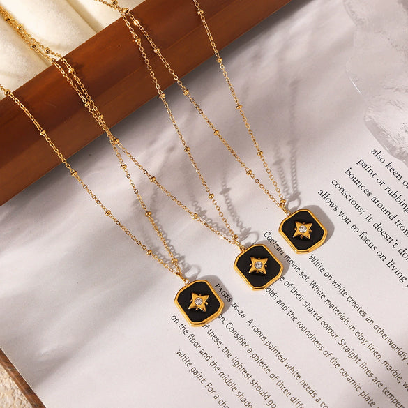 Retro Black Acrylic Oil Drop Diamond Star Square Necklace For Women Stainless Steel Gold Plated Geometric Pattern Electroplated