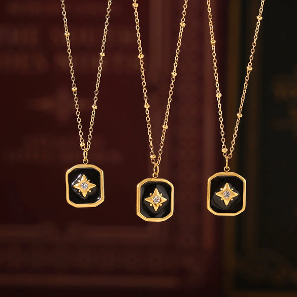 Retro Black Acrylic Oil Drop Diamond Star Square Necklace For Women Stainless Steel Gold Plated Geometric Pattern Electroplated