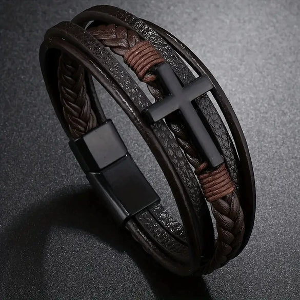 Retro Black Cross Multilayer Handwoven Leather Men's Bracelet