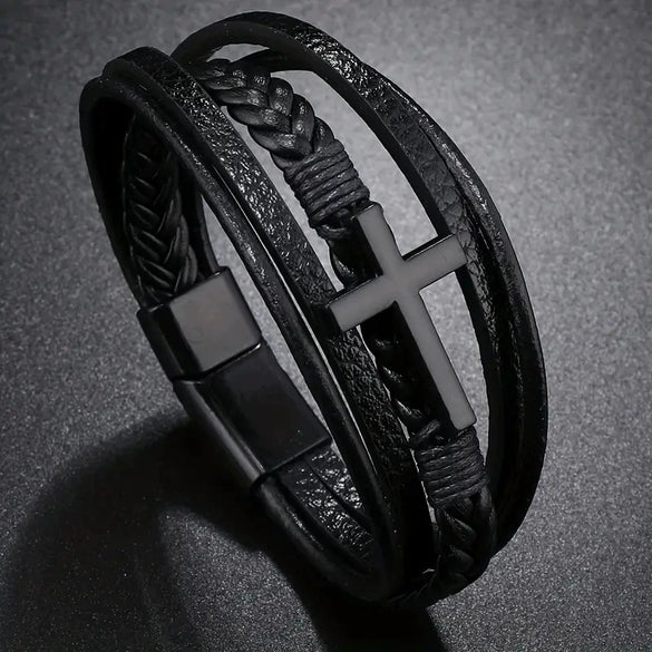 Retro Black Cross Multilayer Handwoven Leather Men's Bracelet