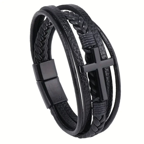 Retro Black Cross Multilayer Handwoven Leather Men's Bracelet