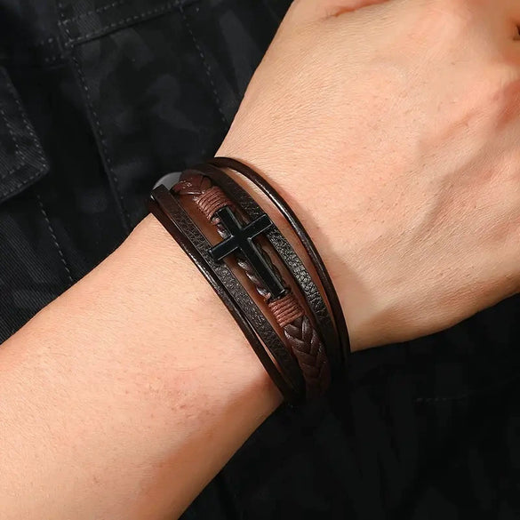 Retro Black Cross Multilayer Handwoven Leather Men's Bracelet