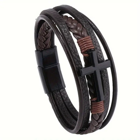 Retro Black Cross Multilayer Handwoven Leather Men's Bracelet