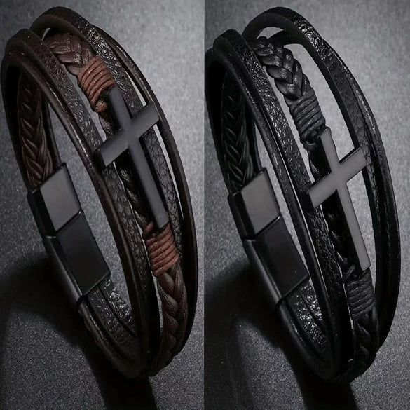 Retro Black Cross Multilayer Handwoven Leather Men's Bracelet
