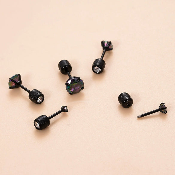 Retro Black Stainless Steel Inlaid Colorful Dream Zircon Geometric Electroplated Women's Ear Bone Nail Cartilage Puncture Earrings