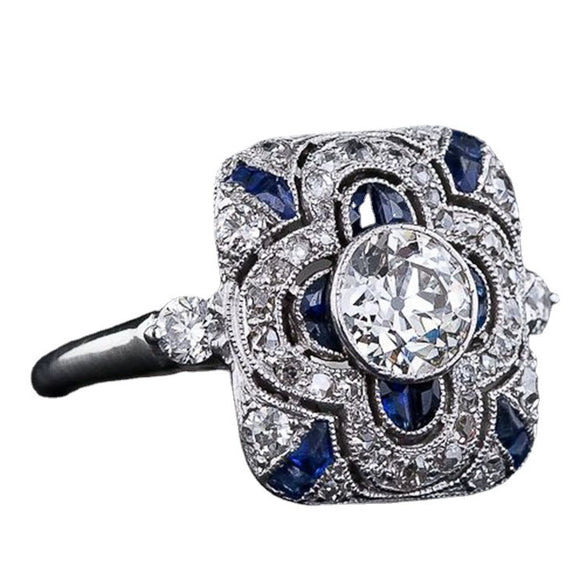 Retro Blue And White Zircon Constellation Ring Electroplated Metal Cartoon Style Fashion Jewelry For Unisex