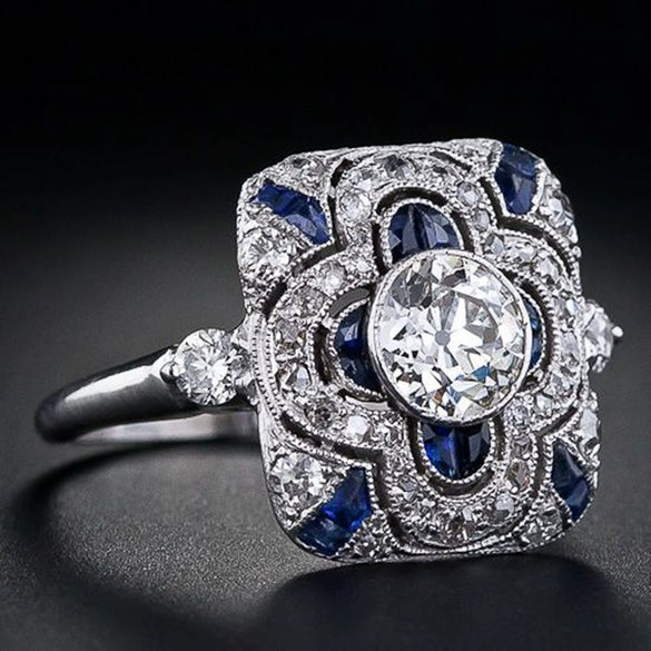 Retro Blue And White Zircon Constellation Ring Electroplated Metal Cartoon Style Fashion Jewelry For Unisex