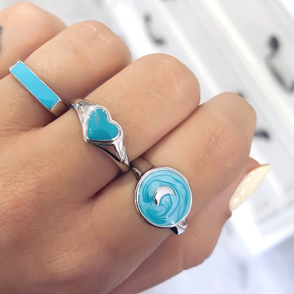 Retro Blue Enamel Moon Copper Ring Geometric Electroplated Fashion Jewelry For Women