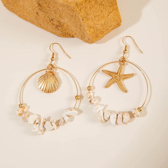 Retro Bohemian Asymmetric Starfish Shell Earrings With Geometric Gravel Pendant Alloy Material Electroplating Treatment