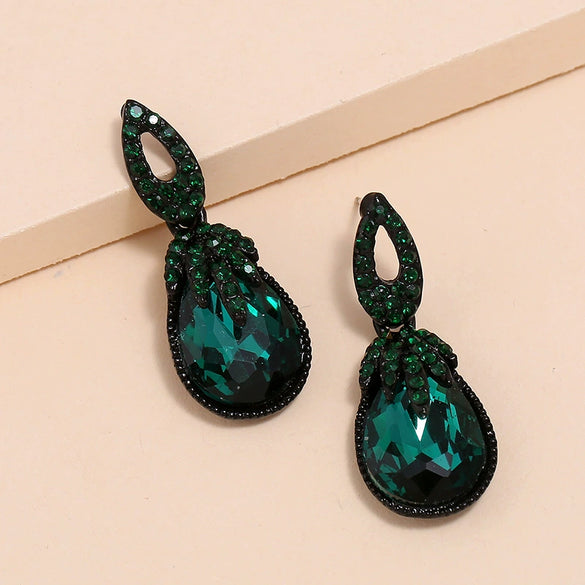 Retro Bohemian Dark Green Crystal Drop Earrings For Women Alloy Water Drop Dangle Earrings