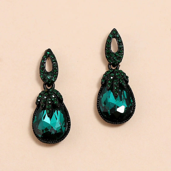 Retro Bohemian Dark Green Crystal Drop Earrings For Women Alloy Water Drop Dangle Earrings
