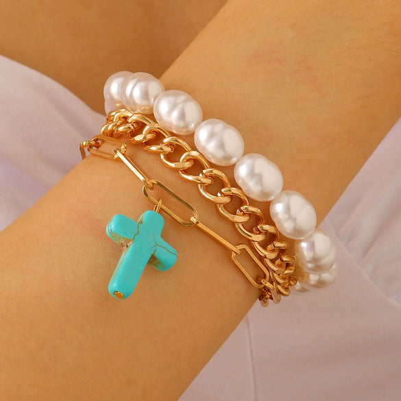 Retro Bohemian Ethnic Turquoise Alloy Geometric Opening Bracelet Multipiece Set For Women With Electroplating