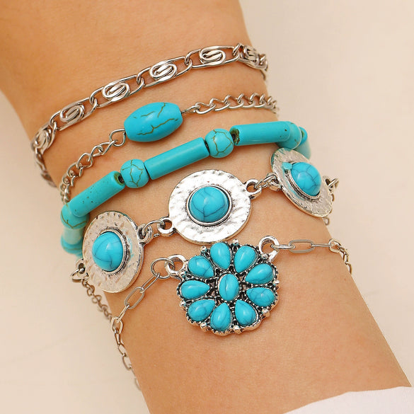 Retro Bohemian Ethnic Turquoise Alloy Geometric Opening Bracelet Multipiece Set For Women With Electroplating
