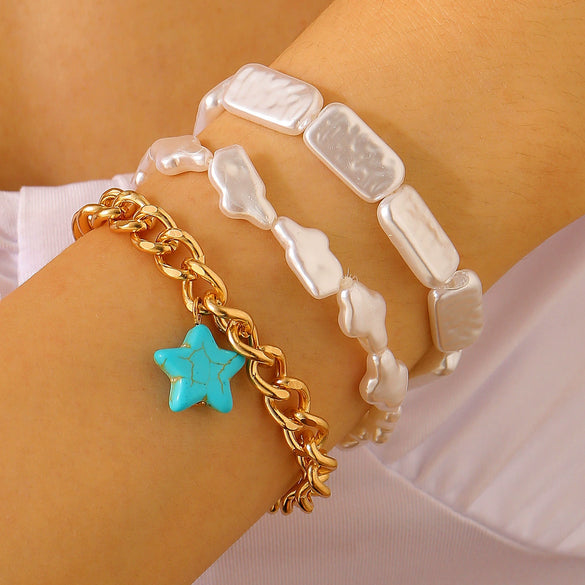 Retro Bohemian Ethnic Turquoise Alloy Geometric Opening Bracelet Multipiece Set For Women With Electroplating