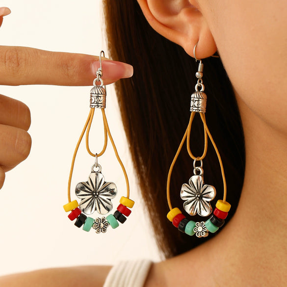 Retro Bohemian Simple Turquoise Beaded Flower Earrings For Women Alloy Electroplated Drop Shape Geometric Design