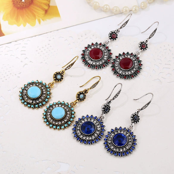 Retro Bohemian Sunflower Alloy Earrings With Diamond Cut Finish Floral Statement Drop Earrings