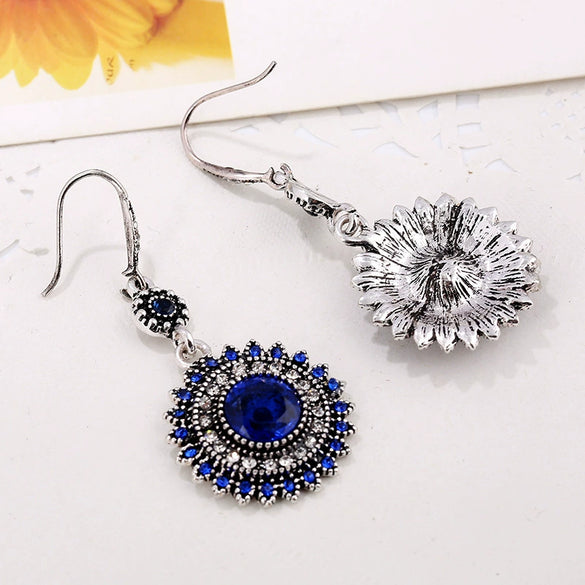 Retro Bohemian Sunflower Alloy Earrings With Diamond Cut Finish Floral Statement Drop Earrings