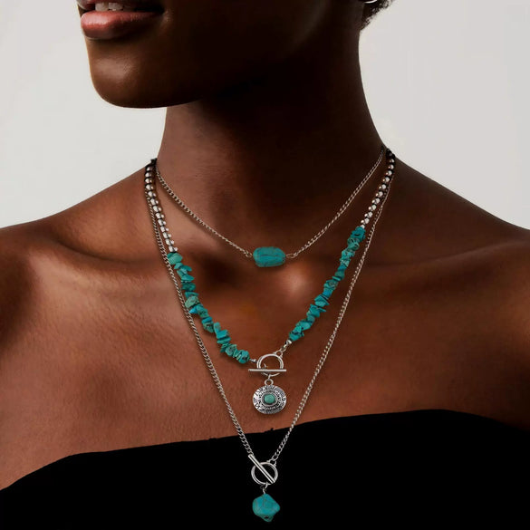 Retro Bull Head Cactus Cowboy Hat Beaded Ball Chain Necklace In Polished Alloy With Imitation Turquoise Pendant For Women